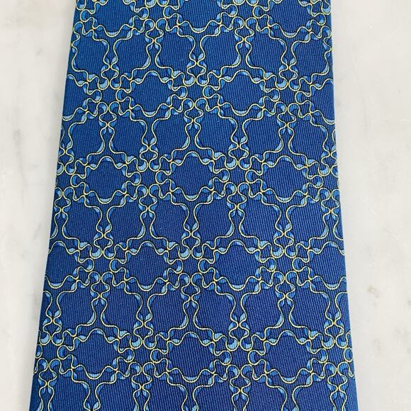 HERMES 100% Silk Tie 56”x3.5” Blue Gold Curly Ribbon on Blue 7726 Geometric EUC - Picture 3 of 5